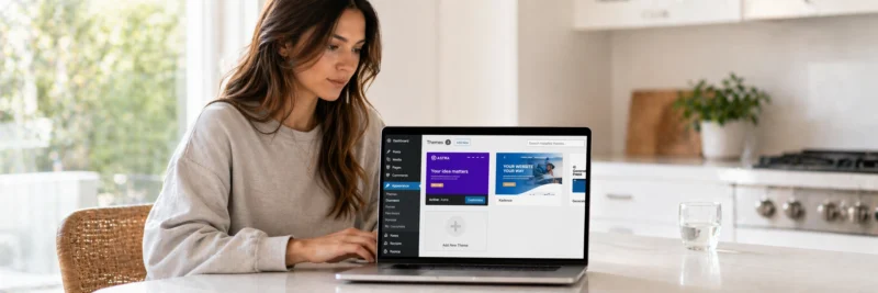 Woman in casual clothes at a bright white kitchen island with laptop showing the WordPress theme browser with Astra prominently displayed alongside Kadence and GeneratePress as part of WordPress blog design for beginners