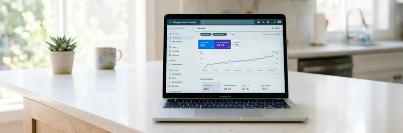 Laptop on a bright white kitchen island displaying the Google Search Console overview dashboard with a growing traffic graph as part of completing a WordPress blog setup checklist