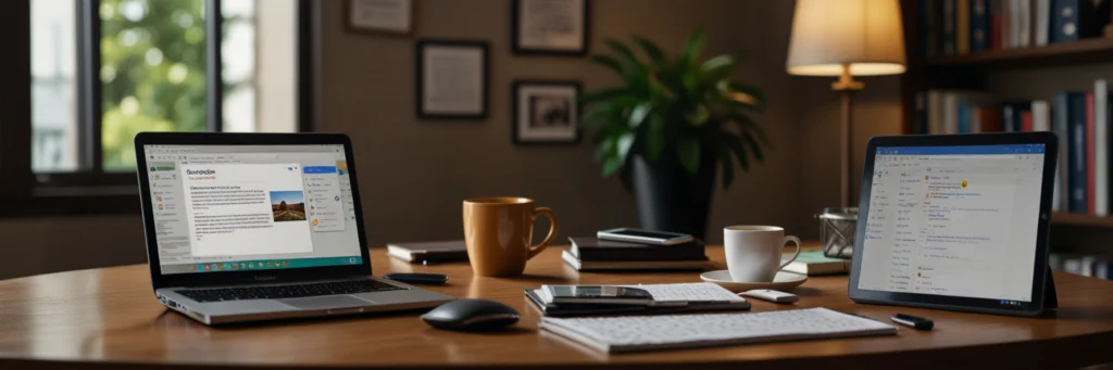 Freelance Writing Jobs from Home (2025 Guide) — Start Freelance Writing With No Experience 5 A photorealistic top-down view of a freelancer’s desk with Google Docs, Grammarly, and Trello, showcasing tools for freelance writing for beginners to get paid to write online in 2025.