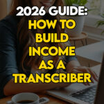 Remote worker setting up her transcription workspace at home.