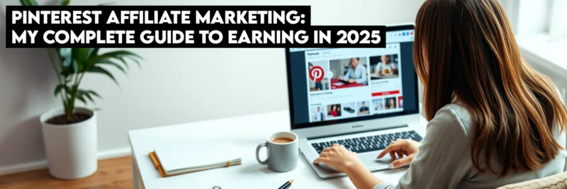 Photorealistic image of a woman using Pinterest for affiliate marketing with digital tools on screen