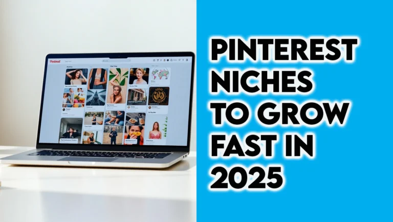 Laptop screen showing Pinterest boards with niche categories like home decor, fashion, travel, food, and fitness