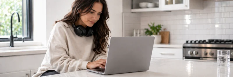 Woman in casual clothes at a bright white kitchen island with laptop showing the TranscribeMe transcription platform with short audio microtasks listed as one of the best transcription companies for beginners