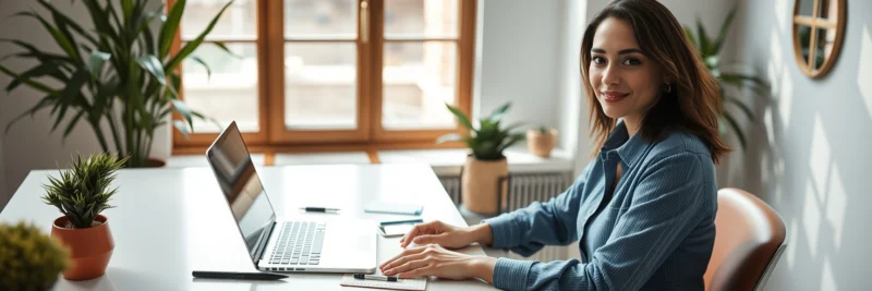 Woman building blogging traffic from Pinterest in a bright modern office