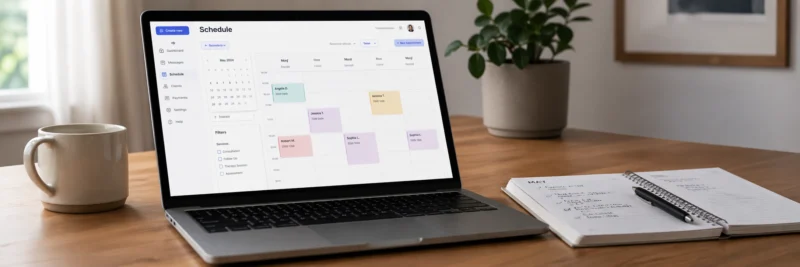 Laptop and notebook showing a pin scheduling setup for blogging traffic from pinterest
