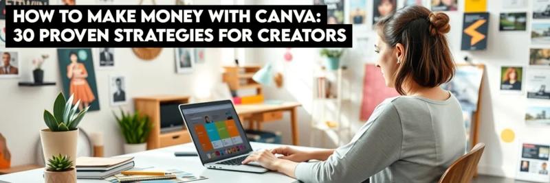 Female designer creating profitable Canva templates in bright creative studio with multiple screens