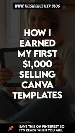 A woman celebrating her first $1,000 earned from selling digital Canva templates.