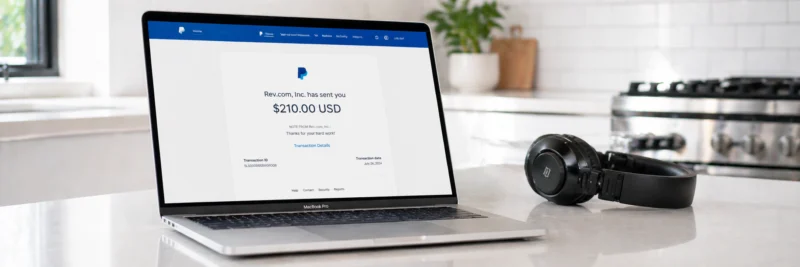 Laptop on a bright white kitchen island displaying a PayPal payment confirmation showing a payment received from Rev as the result of learning how to become a transcriptionist
