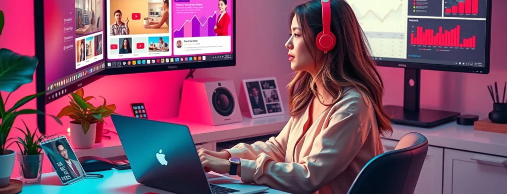 Female Blogger Promoting Her Blog Via Pinterest Scheduler, Guest Post Outreach, and Email Marketing Tools on Multi‑screen Workspace.