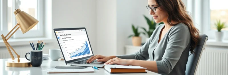 Female blogger analyzing traffic growth while learning how to promote your blog