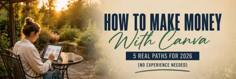 A woman in her forties designing on a tablet at a garden table, showing how to make money with Canva through five real paths in 2026