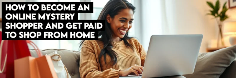 A smiling woman working on a laptop on her couch with shopping bags and a credit card, demonstrating how to get paid to shop as an Online Mystery Shopper.
