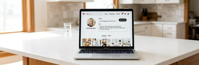 Laptop on a bright white kitchen island displaying the Pinterest profile editing page with display name and bio fields being optimized