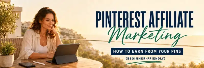 Pinterest affiliate marketing: woman checking pin performance on a tablet at golden hour