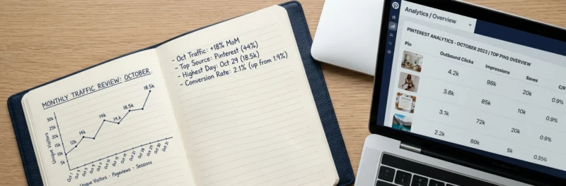 An open notebook with traffic notes next to a laptop, representing a routine for Pinterest analytics for bloggers.