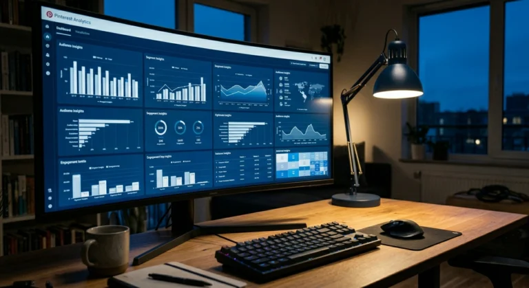 A computer monitor showing Pinterest Analytics charts next to a tablet, illustrating how to use Pinterest analytics.