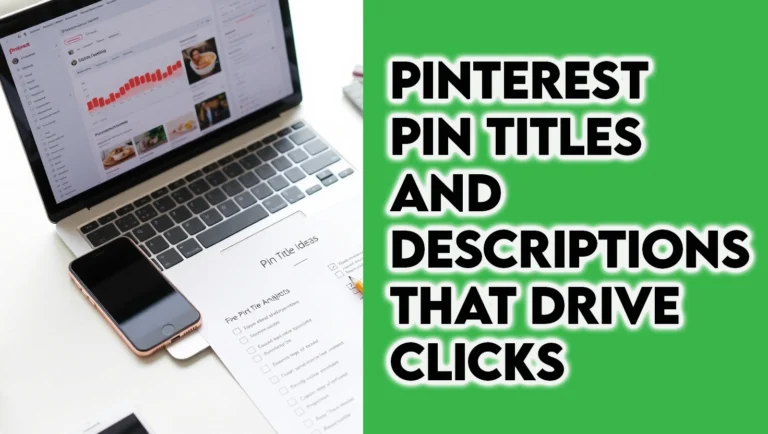 Digital marketing expert analyzing Pinterest analytics on a laptop while adjusting pin descriptions using a printed worksheet labeled “Pin Title Ideas,” surrounded by Pinterest tools and notes in a bright home office.