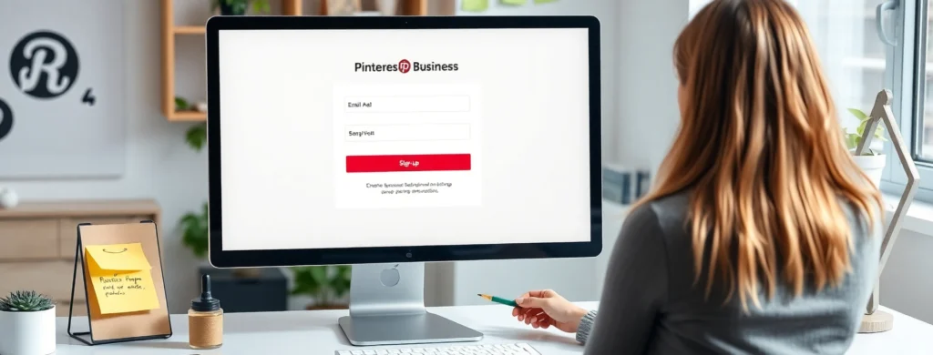 Pinterest-business-account-setup-2025 | Thesidehustler.blog Woman Registering a Pinterest Business Account on Desktop Showing Sign-up Form and Profile Setup Fields.