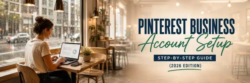 woman setting up a Pinterest business account on a laptop at a café