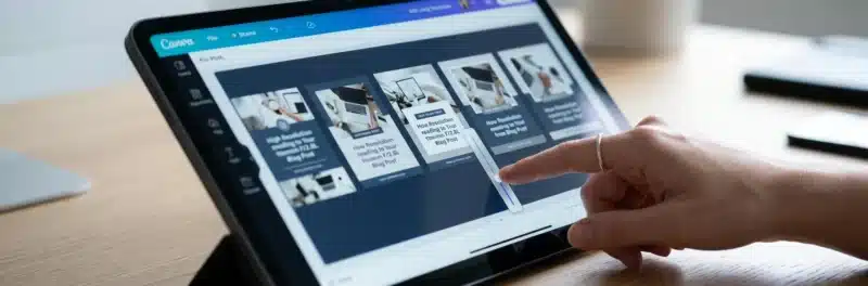 A tablet screen showing multiple fresh pin design variations, representing current Pinterest content trends.