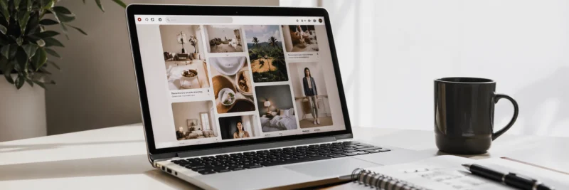 Laptop displaying a Pinterest style feed layout as part of pinterest for bloggers