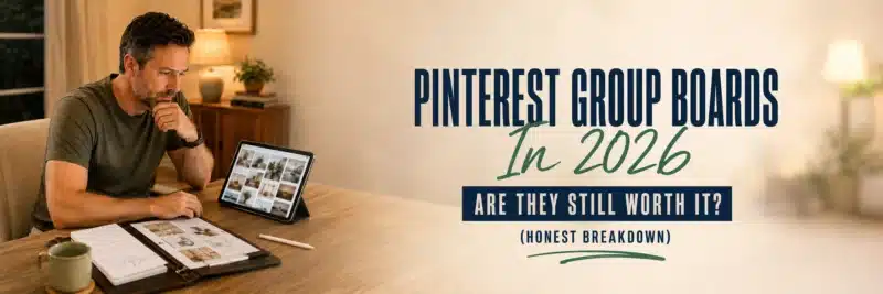 Pinterest group boards in 2026: reviewing board activity at a lamp-lit desk
