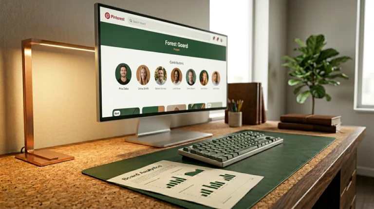 A high-end workspace with a Copper lamp and Forest Green desk pad, showing a Pinterest collaborative board on a monitor.