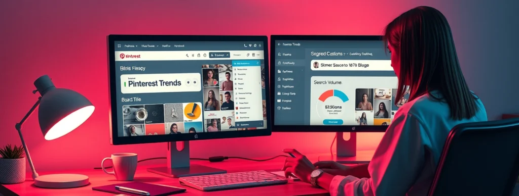 Pinterest-keyword-research-2025-guide | Thesidehustler.blog Blogger Performing Keyword Research Using Pinterest Trends and Guided Search Tools, with Notes and Strategy Visible on Screens.