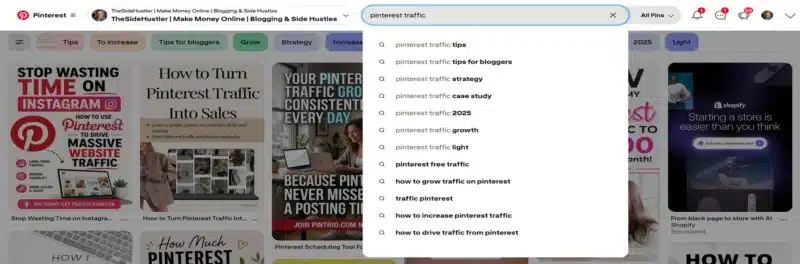 Pinterest keyword research — search autocomplete showing real keyword suggestions
