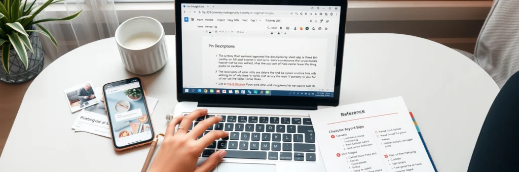 Pinterest-keyword-research-for-pin-titles | Thesidehustler.blog Woman Researching Pinterest Seo Keywords on a Laptop Using Pinterest Trends and Keyword Planner Tools, with Keyword Lists and Title Ideas Noted Beside Her.