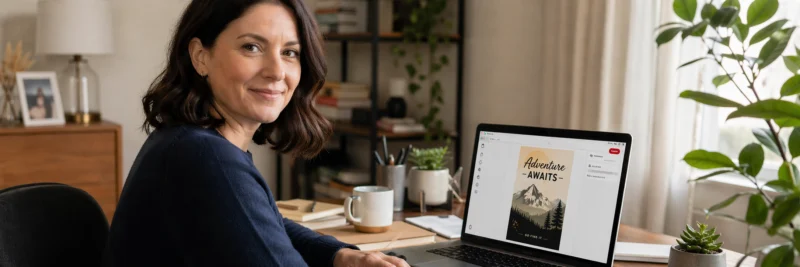 Woman at desk creating Pinterest pins on a laptop as part of pinterest marketing for bloggers
