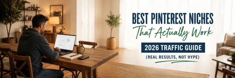 man researching the best Pinterest niches on a laptop at a dining table