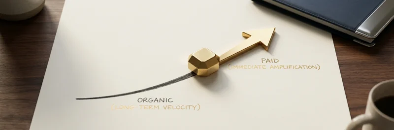 A visual comparison between organic growth and Pinterest paid traffic symbols on a desk.