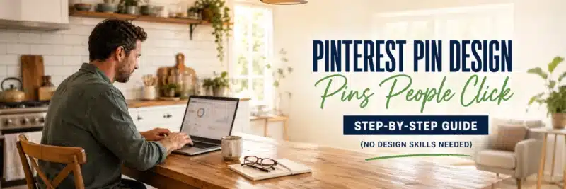 man designing Pinterest pins on a laptop at a kitchen table
