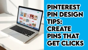 Laptop screen showing Pinterest pin design editor with colorful pins and creative text overlays