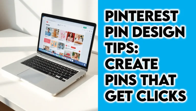 Laptop screen showing Pinterest pin design editor with colorful pins and creative text overlays