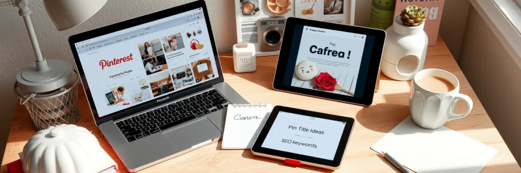 Pinterest-pin-title-description-strategy-hero | Thesidehustler.blog Creative Pinterest Content Creator Brainstorming Pin Titles and Descriptions Using a Laptop, Tablet, and Handwritten Notes in a Cozy Workspace with Pinterest Visuals and Mood Boards.