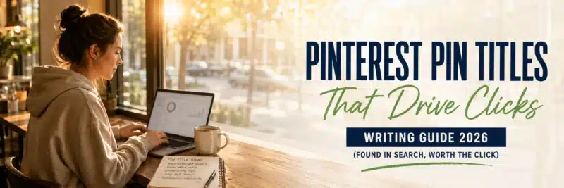 woman writing Pinterest pin titles and descriptions on a laptop at a café