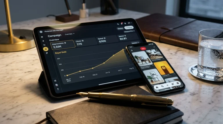 A tablet showing Pinterest Ads Manager and a smartphone with a promoted pin, representing Pinterest promoted pins for beginners.