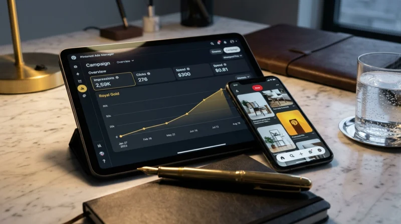 A tablet showing Pinterest Ads Manager and a smartphone with a promoted pin, representing Pinterest promoted pins for beginners.