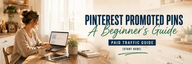 woman reviewing a Pinterest Promoted Pins campaign on a laptop at her kitchen table