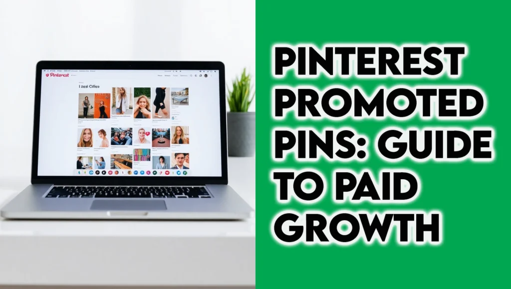 Laptop displaying Pinterest promoted pins on screen, showcasing colorful pin grid for marketing and advertising