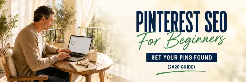 man reviewing Pinterest SEO for beginners on a laptop at a balcony table
