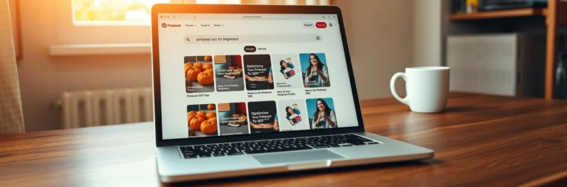 Laptop on a warm walnut home office desk displaying Pinterest search results for pinterest seo for beginners with optimized pins visible