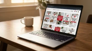 Laptop on a warm walnut home office desk displaying a Pinterest search results page for pinterest seo for beginners with keyword research pins visible