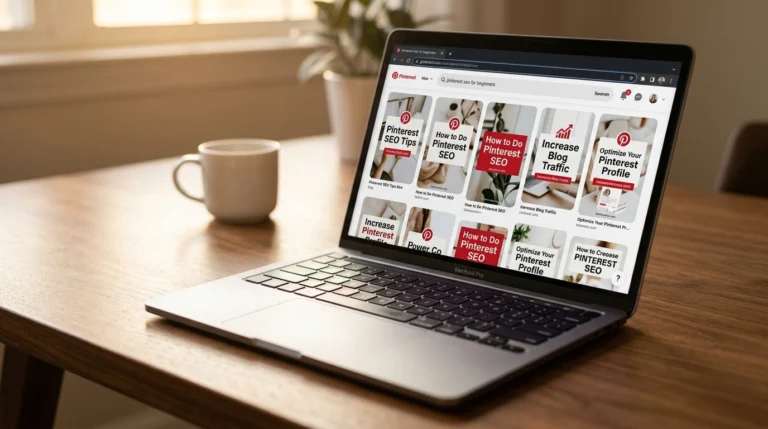 Laptop on a warm walnut home office desk displaying a Pinterest search results page for pinterest seo for beginners with keyword research pins visible