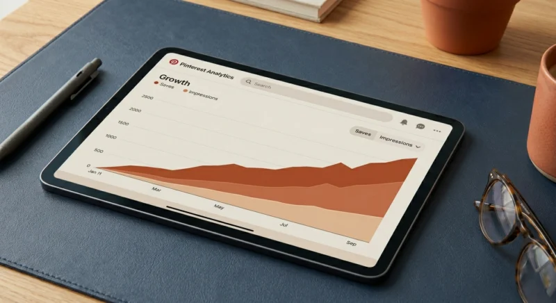 A professional workspace showing steady Pinterest analytics growth, representing a Pinterest strategy for beginners.