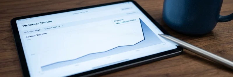 A tablet showing a keyword trend spike on Pinterest, used for analyzing Pinterest traffic analytics.