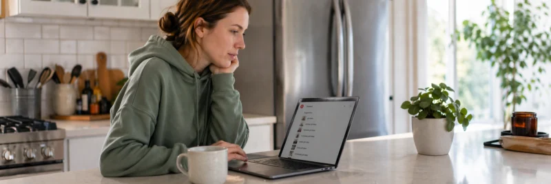Woman at kitchen island using a laptop to research Pinterest keywords for blog traffic