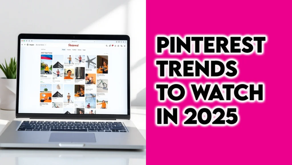 Laptop screen showing Pinterest pins with 2025 trend designs, colorful grid layout for marketing inspiration